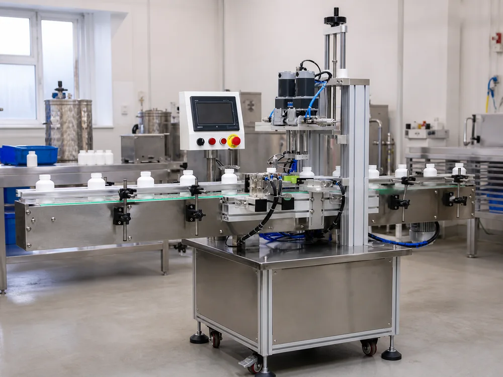 Automatic capping machine operating on a packaging line