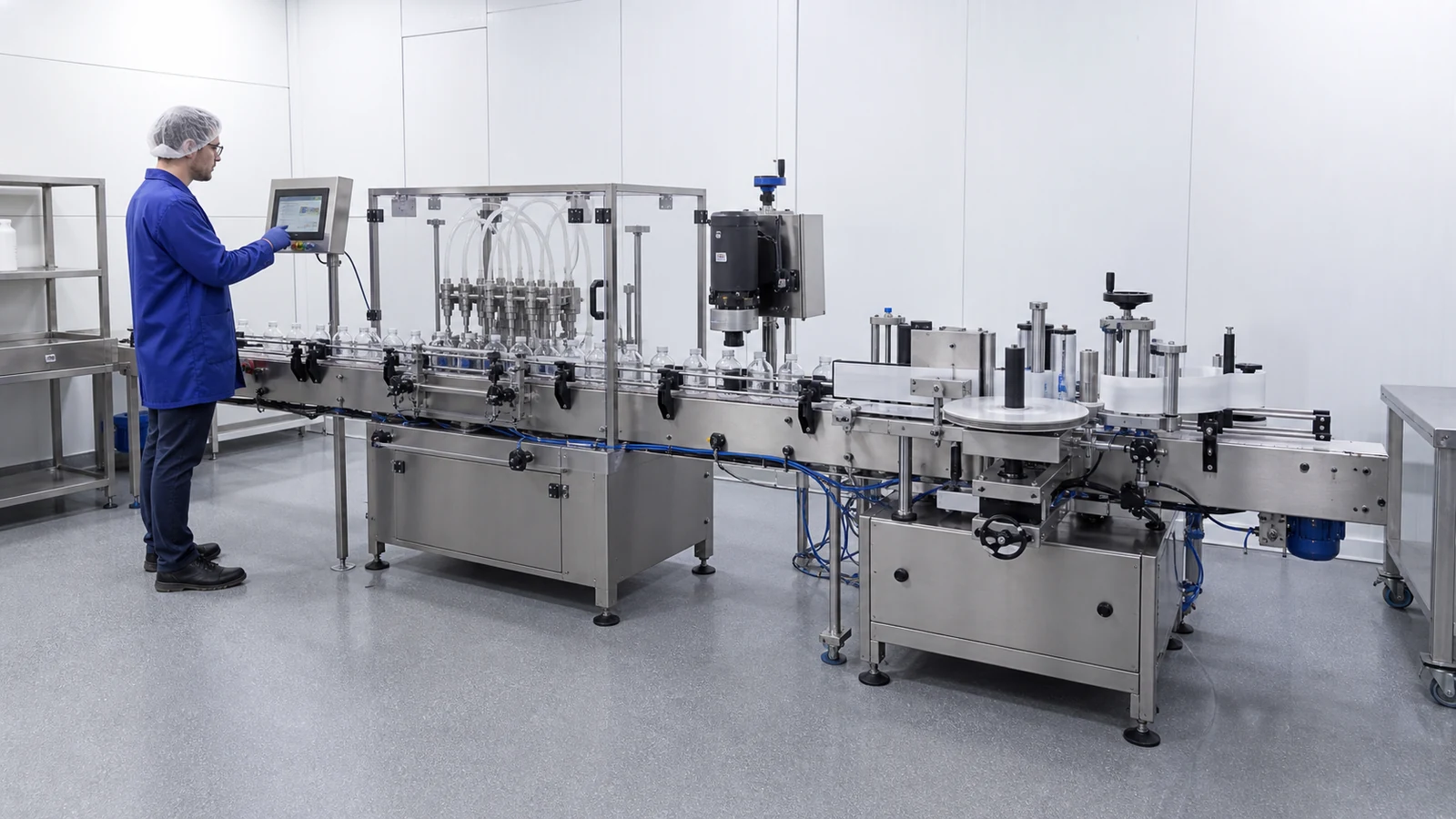 Compact filling, capping and labelling equipment in a clean production room