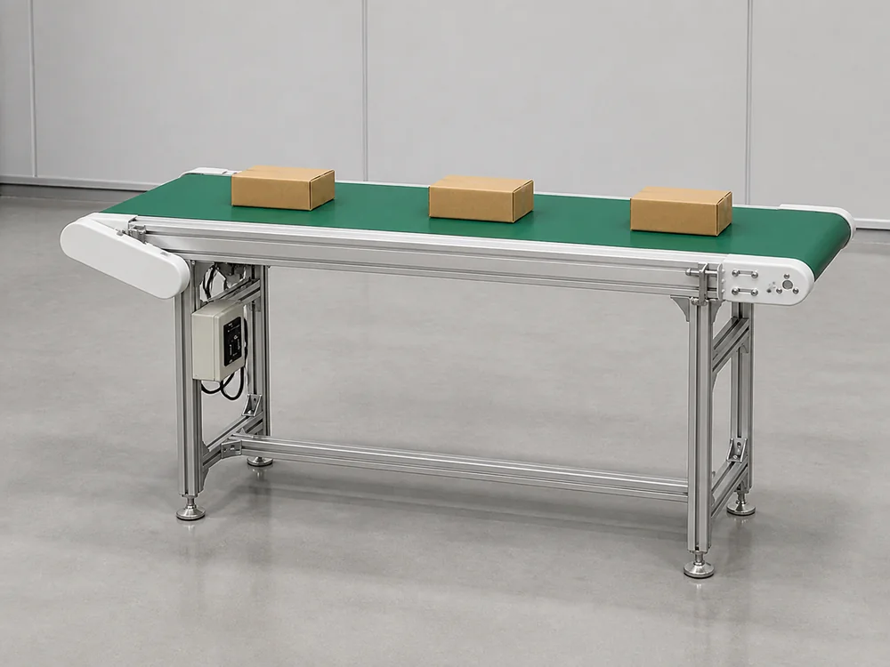 Stainless conveyor carrying containers between packaging stages