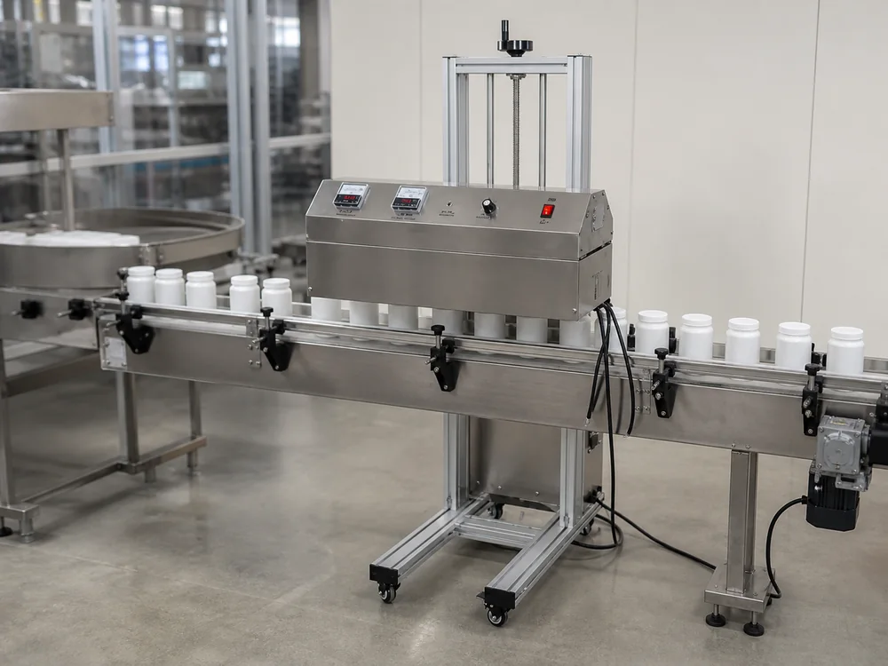 Induction sealing unit operating above a conveyor