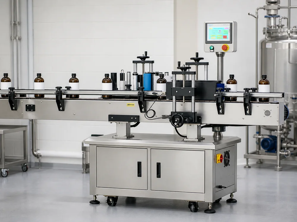 Automatic bottle labelling machine in a clean production area