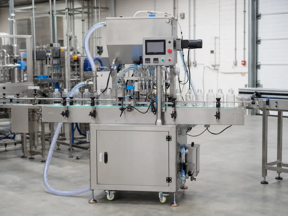 Liquid filling machine set up on a packaging production floor