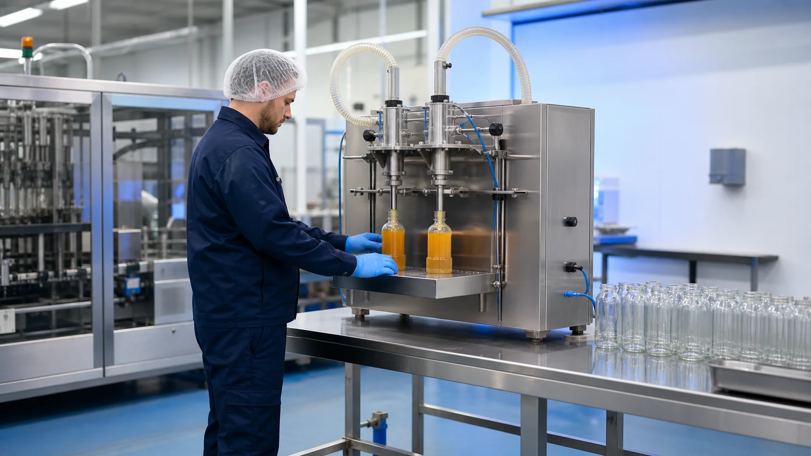 Operator station with semi-automatic filling equipment on a production floor